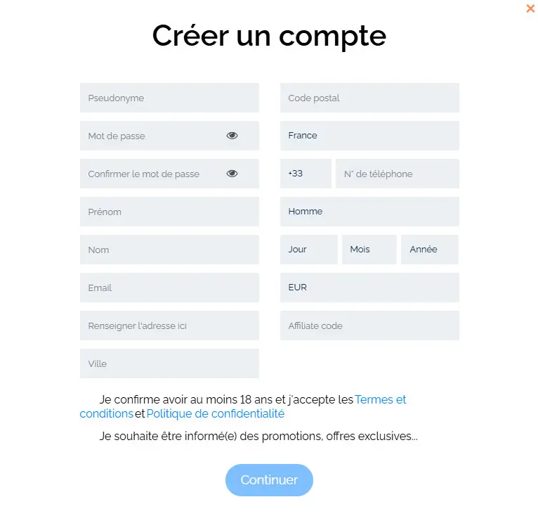 Processus d'inscription X7 CASINO